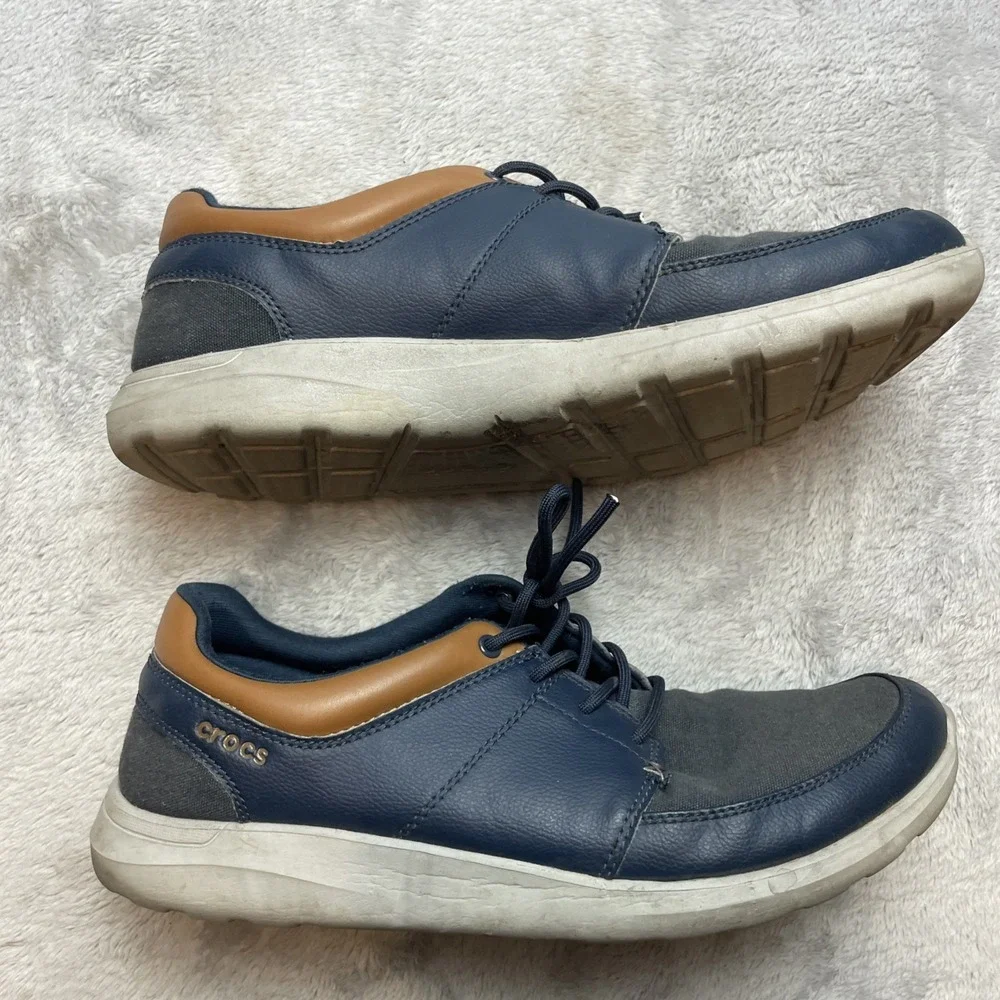 Crocs Mens Kinsale Canvas Sneakers Shoes Sz 11 Navy Tan Nautical Preppy Lace Up
